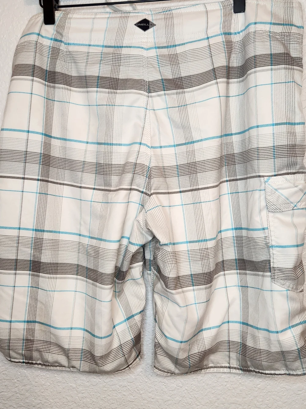 O'neill plaid board shorts men size 36 gray white turquoise swin trunks